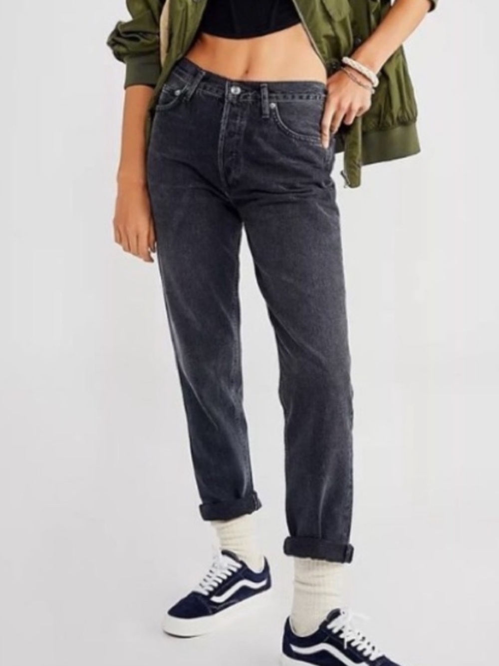 Agolde Fen High Rise Relaxed Tapered Leg Black Shambles Button Fly